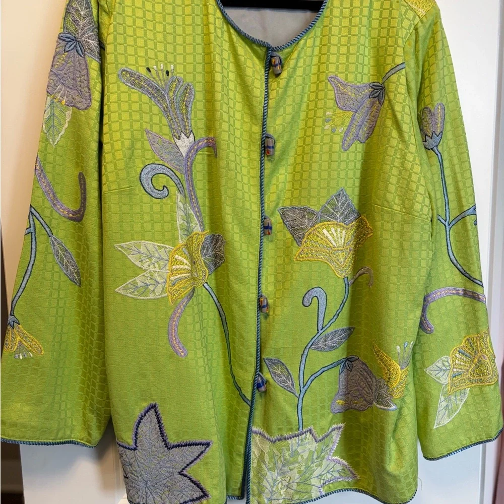 Embroidered Lime Green Floral Jacket - Women - Picture 1 of 5